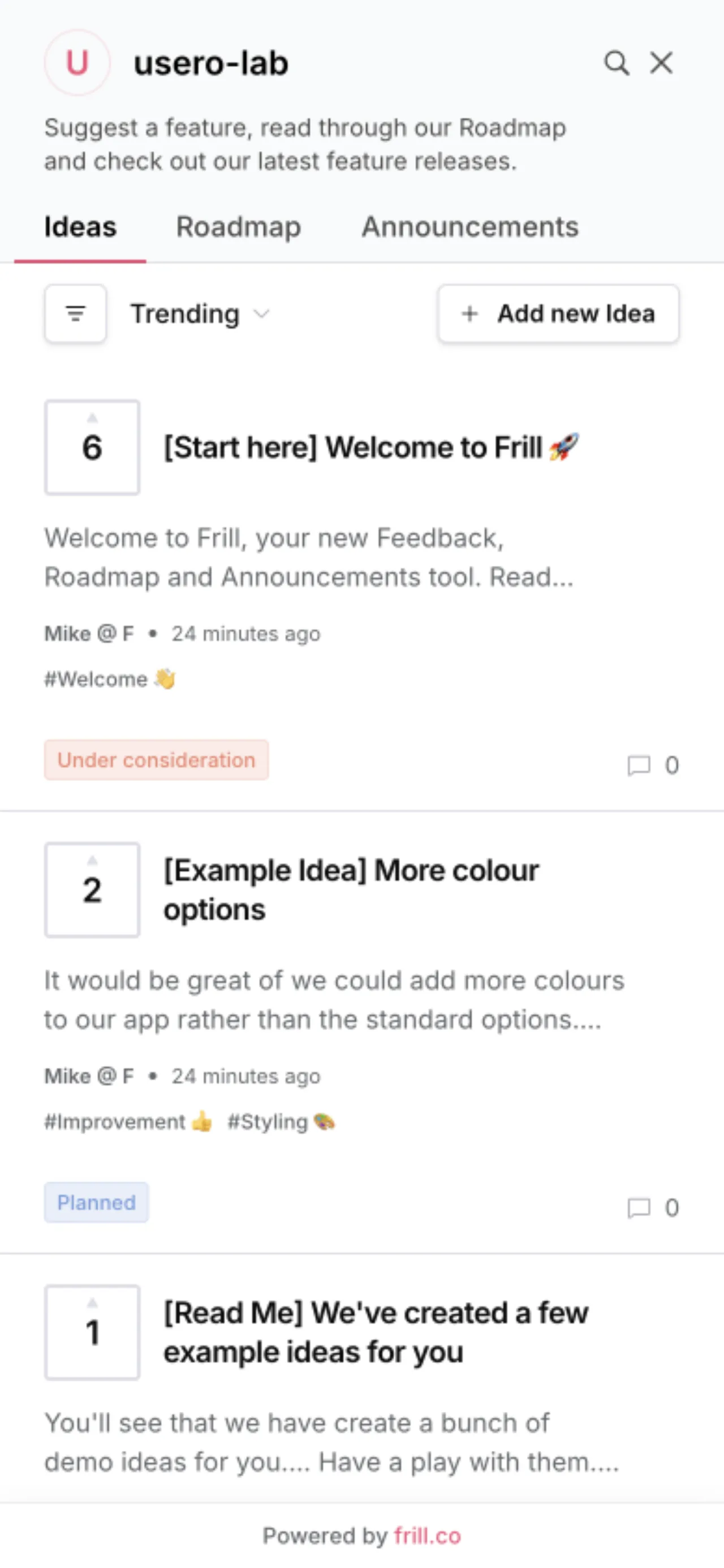 The Frill widget open at a 390px wide viewport, filling the whole screen: usero-lab header with search and close icons, Ideas, Roadmap and Announcements tabs, a Trending sort, an Add new Idea button, and the seeded ideas stacked full width.